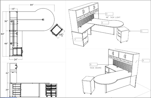 P-Top L Shape Desk Drawing, Office Furniture, Toronto GTA