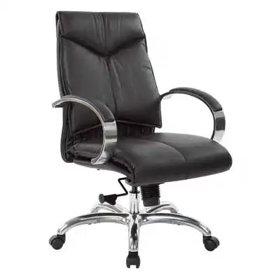 Front-side view of black mid-back leather office chair with chrome arms and base