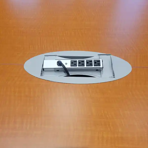 Executive Boardroom Table in a Wild Cherry finish, electric console view