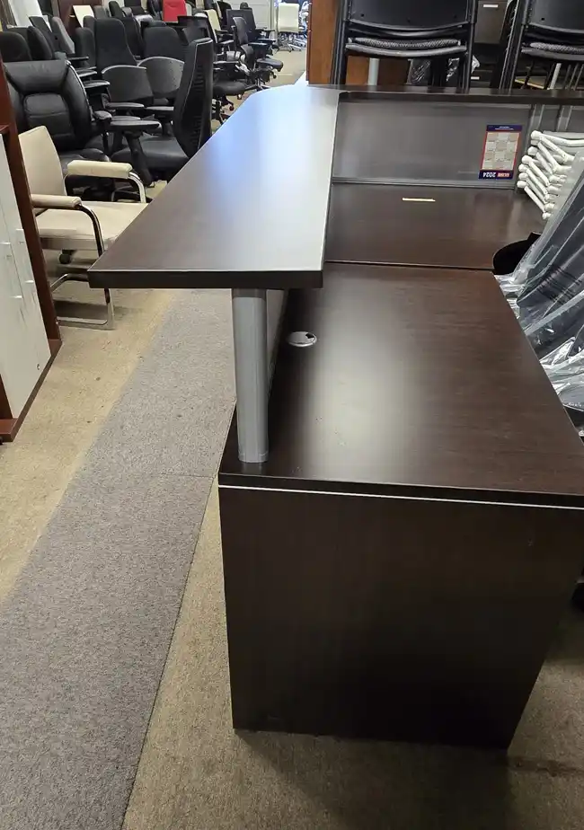 Used 6x6 L-Shape Reception Desk – Mahogany with Glass Accent, side view