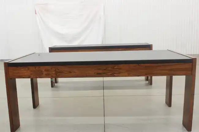 Front view of Biltrite rosewood table with square legs and black inset top