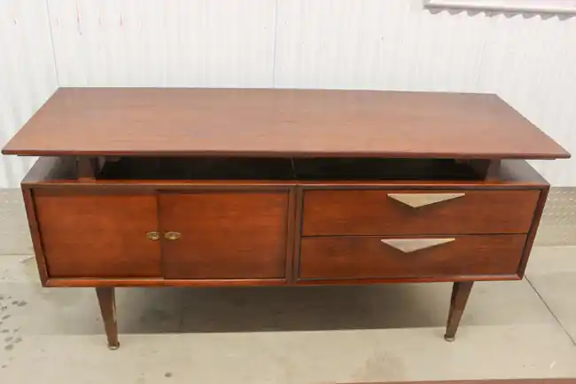 Top view of Scandinavian-style desk with rosewood finish