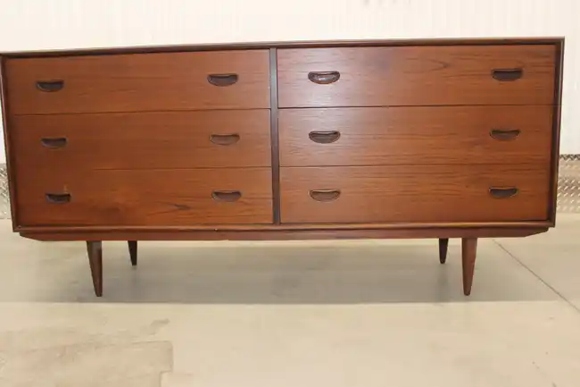 Front view of Scandinavian teak dresser with 6 drawers