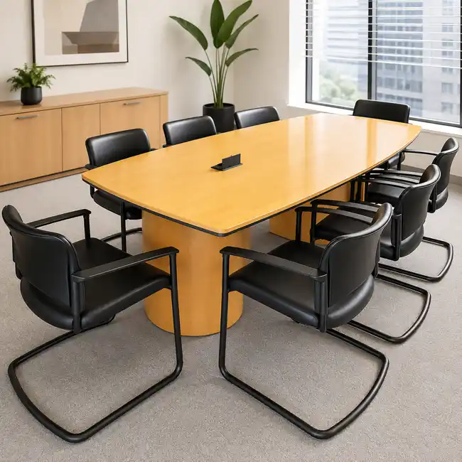 Pre-owned maple conference table featuring a built-in electrical outlet and drum base.