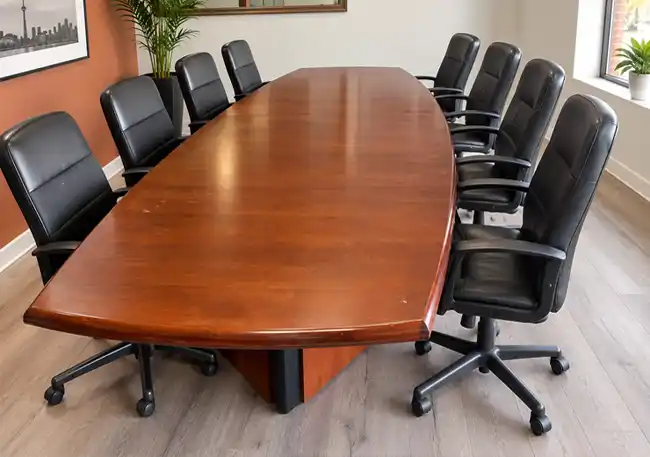 Pre-owned 14-foot mahogany-colour boat-shaped conference table in an office setting near Toronto, shown with chairs for scale.