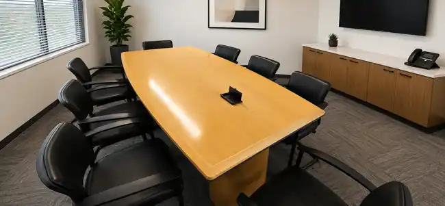Used 7-foot maple boat shaped boardroom table with 8 black cantilever chairs in a Toronto office setting.