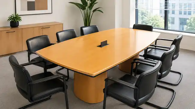 Close-up view of the boat-shaped maple boardroom tabletop with integrated power module.