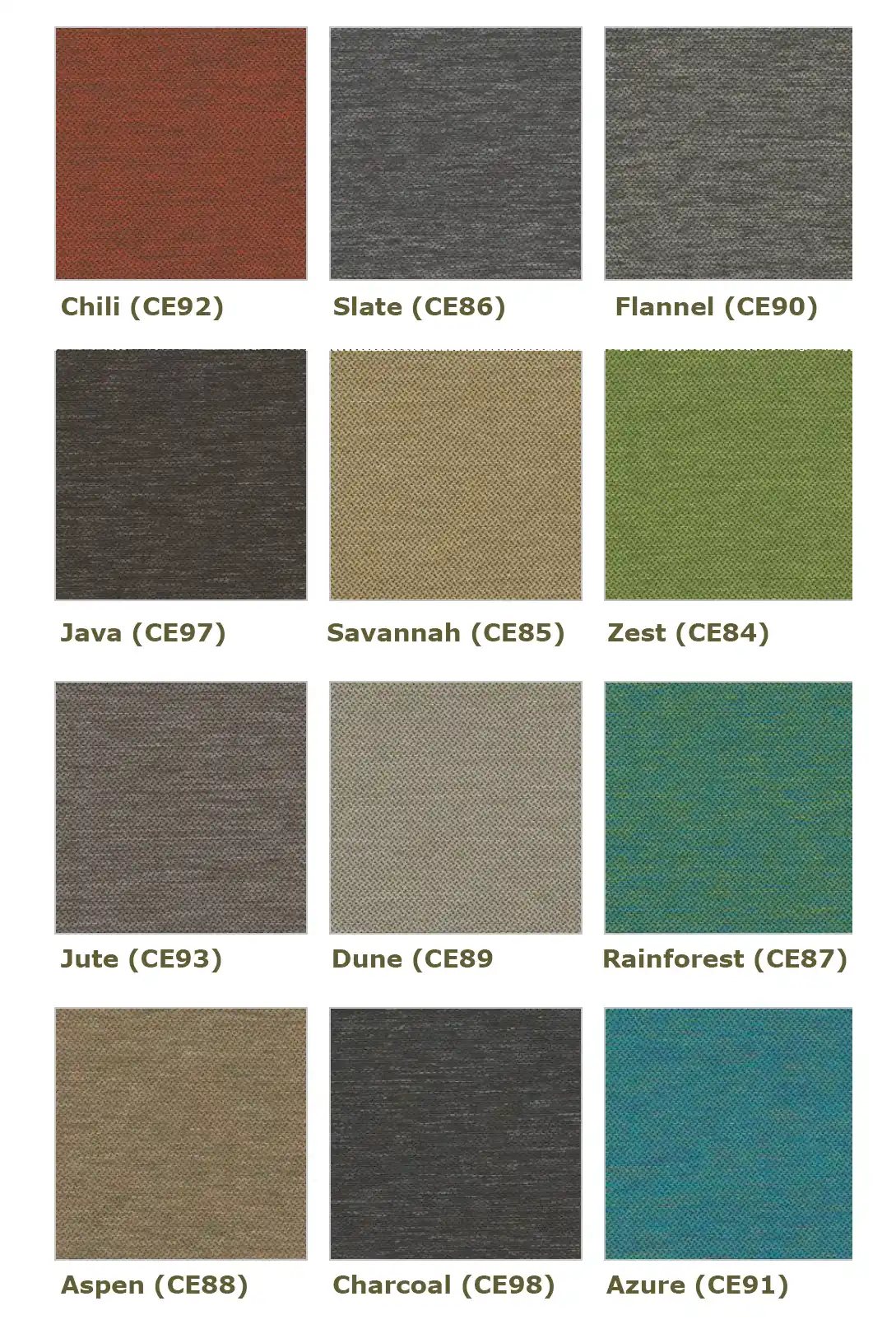 Carrera Available Colors: Zest (CE84), Savannah (CE85), Slate (CE86), Rainforest (CE87), Aspen (CE88), Dune (CE89), Flannel (CE90), Azure (CE91), Chili (CE92),Jute (CE93), Ink (CE95), Sangria (CE96), Java (CE97), Charcoal (CE98)