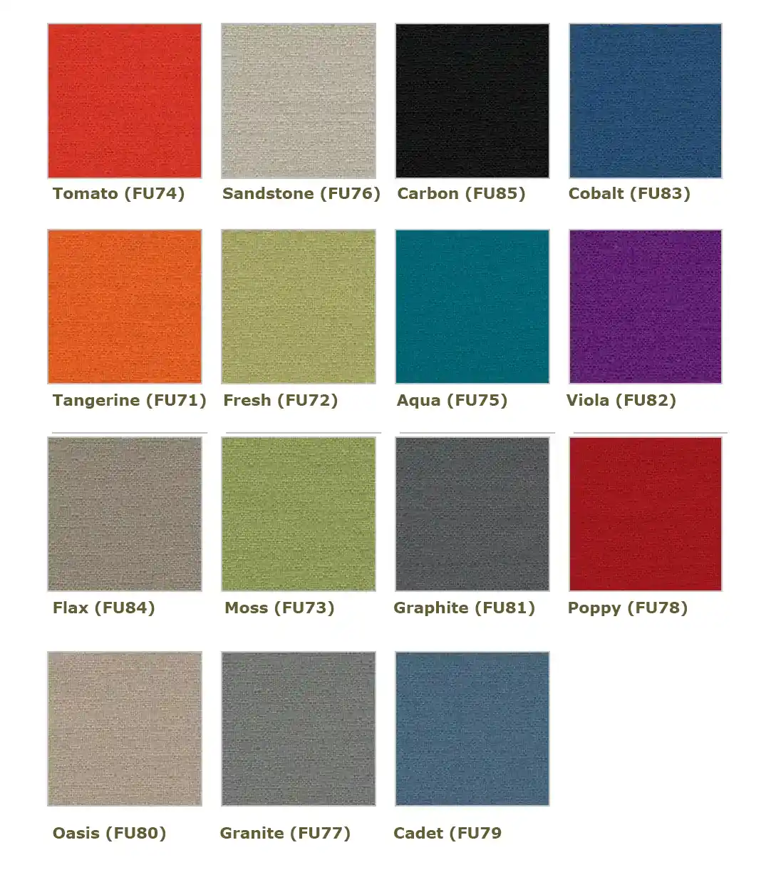 Fusion Available Colors: Tangerine (FU71), Fresh (FU72),Moss (FU73), Tomato (FU74), Aqua (FU75),Sandstone (FU76),Granite(FU77), Poppy (FU78),Cadet (FU79),Oasis (FU80),Graphite (FU81),Viola (FU82),Cobalt (FU83),Flax (FU84), Carbon (FU85)