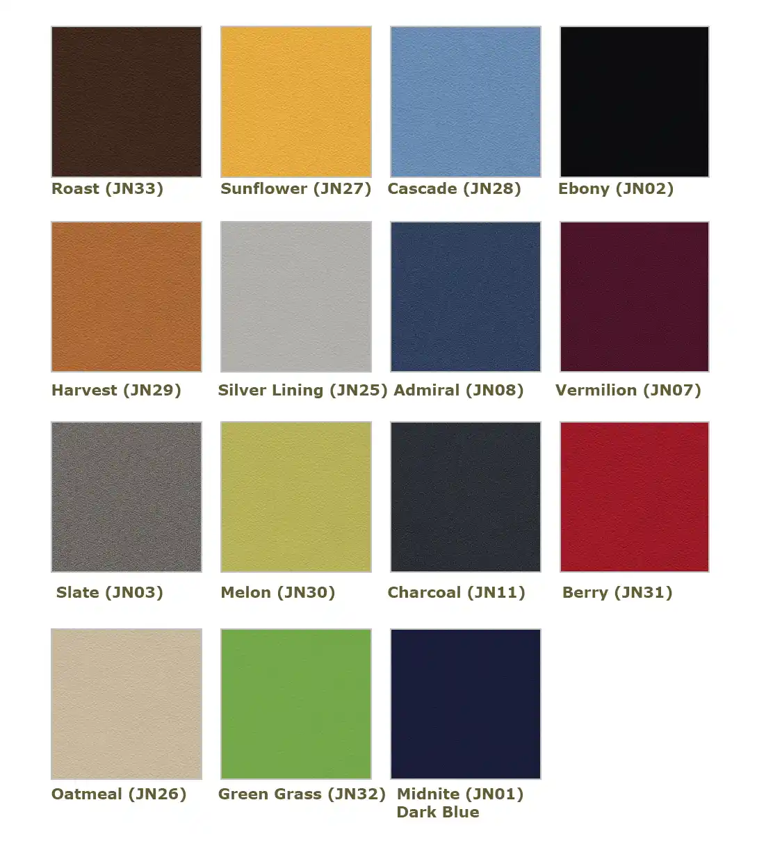 Jenny Available Colors: Vermilion, (JN07), Admiral, (JN08), Charcoal, (JN11), Silver Lining, (JN25), Oatmeal, (JN26), Sunflower, (JN27), Cascade, (JN28), Harvest, (JN29), Melon, (JN30), Berry, (JN31), Green Grass, (JN32), Roast, (JN33).