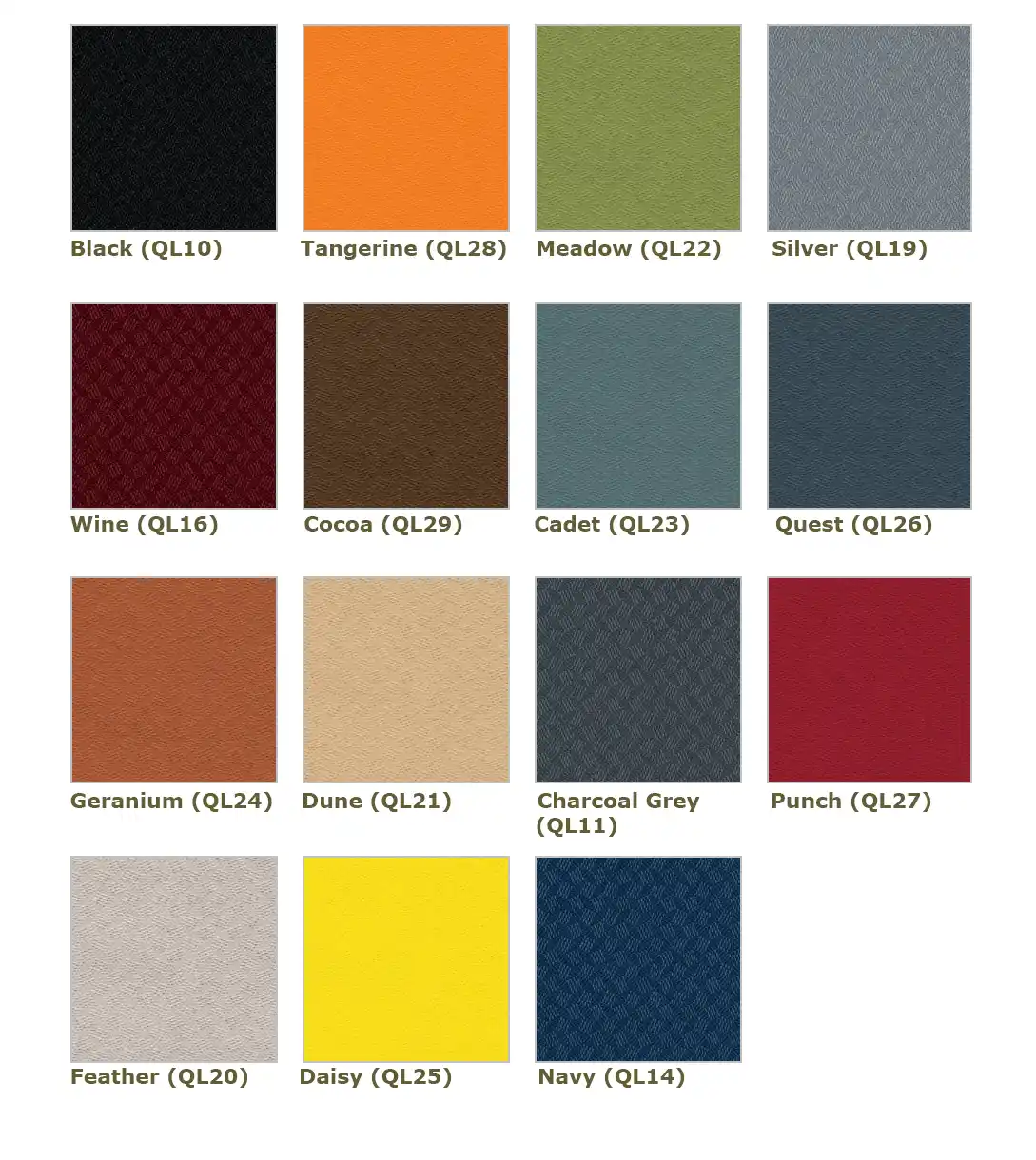 Quilt Available Colors: Black (QL10), Charcoal Grey (QL11), Navy (QL14), Wine (QL16), Silver (QL19), Feather (QL20), Dune (QL21), Meadow (QL22), Cadet (QL23), Geranium (QL24), Daisy (QL25), Quest (QL26), Punch (QL27), Tangerine (QL28), Cocoa (QL29)